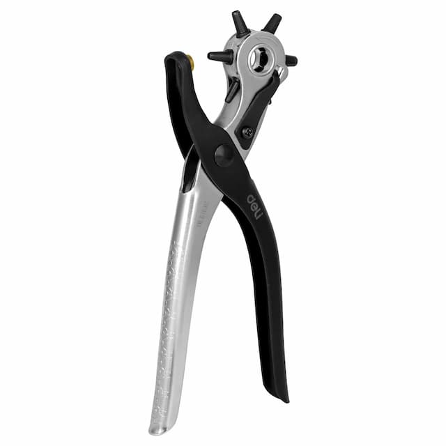 Deli DL1919C 9" Punch Pliers with 6 Adjustable Hole Sizes Crv+ & Cold Rolled Steel Cr-V Chrome-Plated Heat Treatment Punching Repair Tool for Leather Belt Eyelet Grommet (Pack of 1, Silver)