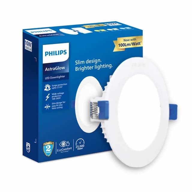 Philips Astra Glow 10-watt Round LED Downlighter | Recessed LED Downlight for False Ceiling | LED Ceiling Light for Home and Hall | Cut Out: 4 inch, Cool Day Light, Pack of 1