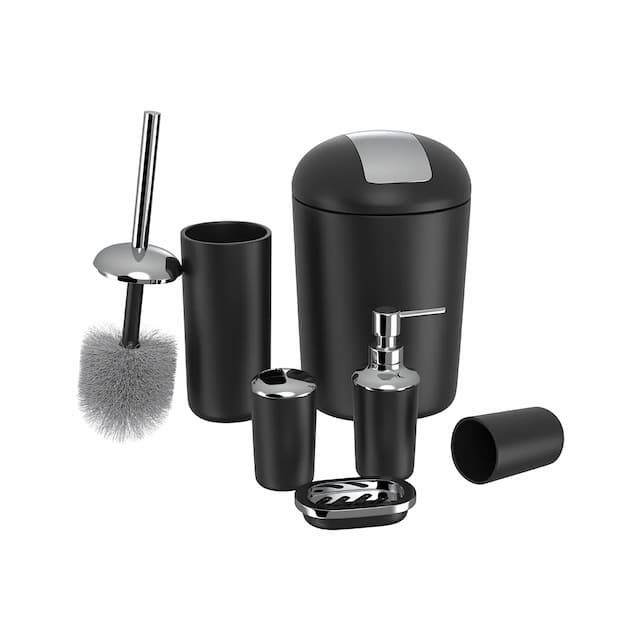 RN ABS Bathroom Accessories Set (Soap Dispenser, Toothbrush Holder, Toilet brush Cup, Soap Dish, Toilet Brush, Trash Can & Dustbin) Plastic bath set for bathroom RNBATHAC10_Black