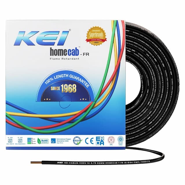 KEI WIRES & CABLES Homecab 0.75 sqmm 1 Core Housewire Flexible PVC Insulated Cable Electric Wiring Extension Cord for Domestic & Industrial Connections (Black, 90m)