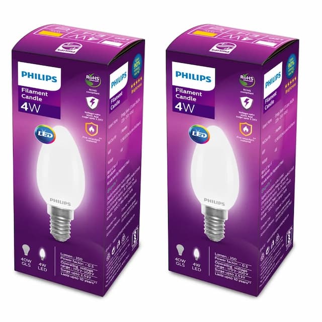 PHILIPS 4-watt Filament Candle LED Bulb | Diffused Candle Bulb For Home & Decoration | Bulb Base: E14, Warm White | Pack of 2 Filament LED Diffused 4W C35 WW E14 Pack of 2 Warm White