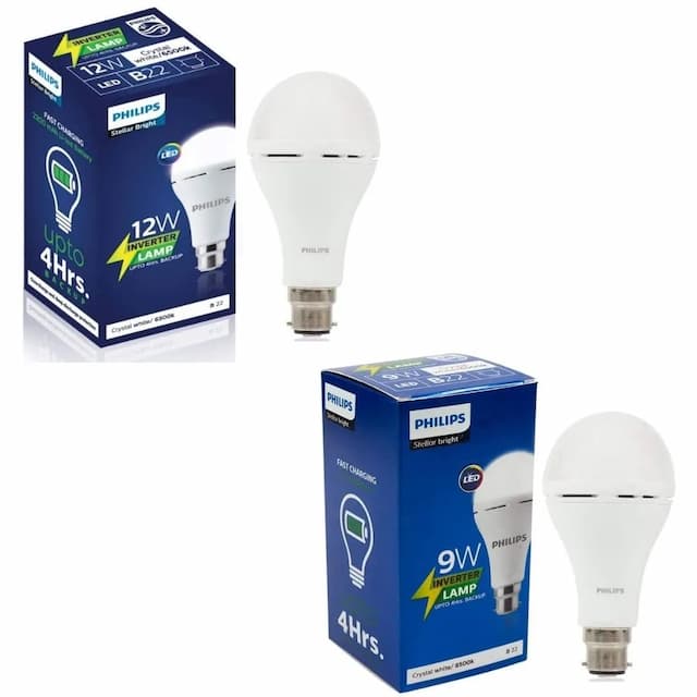 PHILIPS Base B22 Inverter Bulb 9 and12 Watt Combo Rechargeable Emergency LED Bulb (Cool Daylight) - White, Pack of 2 9w + 12w