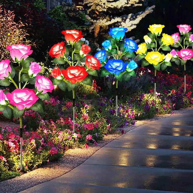 GIGAWATTS GW-913 5 LED Solar Rose Garden Light with 2V Panel 600mAh Battery BIS Approved IP65 Waterproof Colour Changing 5 Flower Head Stake Lamp for Outdoor Lawn Pathway Decoration (Pack of 1, RGB)