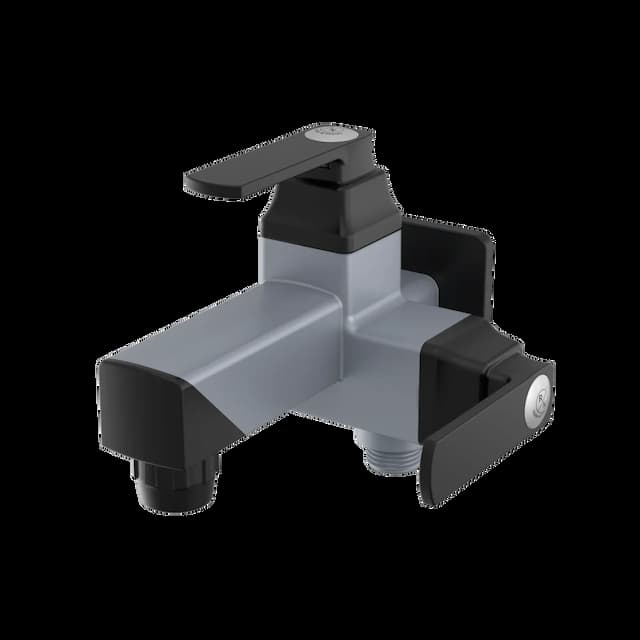 RN PTMT Superior Plastic 2-in-1 Bib Cock With Flange 90° (Metallic-Grey-Black-Dual) | 2 Way Bib Tap (Wall Mount Installation Type)_RNABH09B40