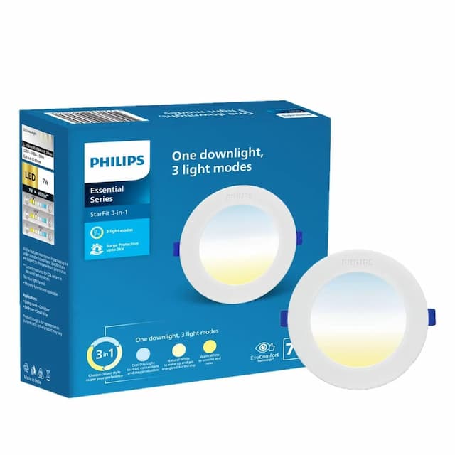 PHILIPS StarFit 7-watt Round LED Downlighter | 3 Colors in 1 Concealed JB LED Downlight | LED Ceiling Light for Home and Hall | Cut Out: 3 inch, Color: Tunable White, Pack of 1 7W Cool Day Light + Natural White + Warm White Pack of 1