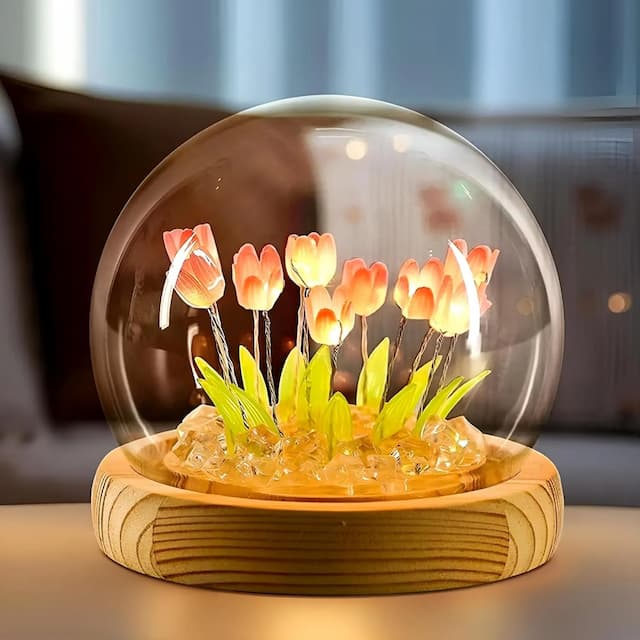 GIGAWATTS LED Tulip Night Light Elegant Romantic 9 DIY Tulip Flowers Ball Lamp with Wooden Base USB Powered Lights for Home Decor & Loved Ones Gift (Pack of 1, Warm White)