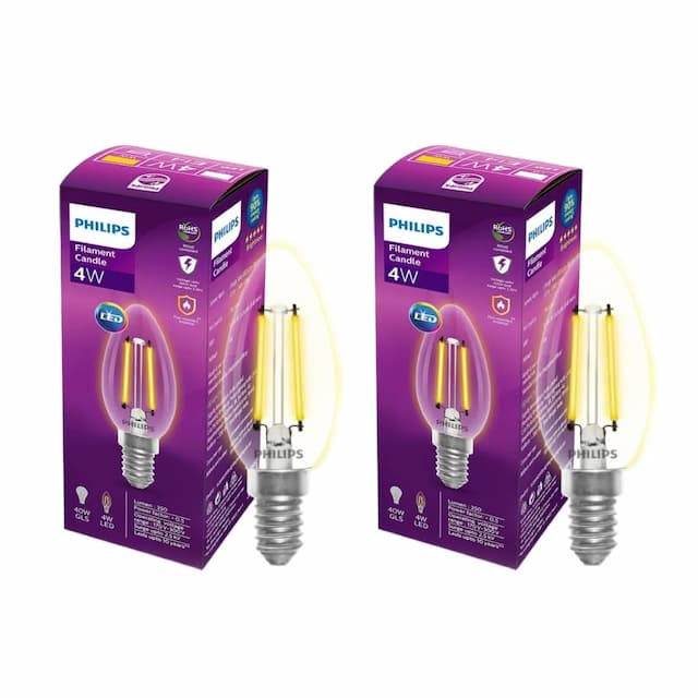 PHILIPS 4-watt Filament Candle LED Bulb | Clear Candle Bulb for Home & Decoration | Bulb Base: E14, Cool White | Pack of 2 Filament LED Clear 4W C35 CW E14 Pack of 2 Cool White