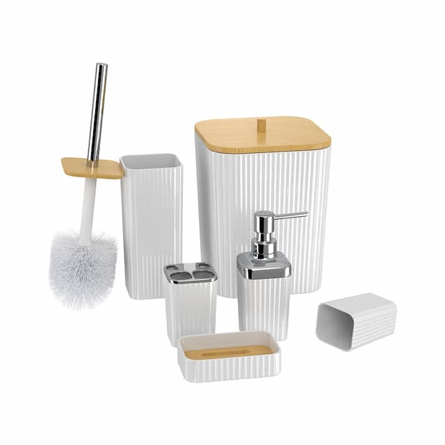 RN ABS Bathroom Set Accessories Set (Soap Dispenser, Toothbrush Holder, Toilet brush Cup, Soap Dish, Toilet Brush, Trash Can & Dustbin) Plastic bath set for bathroom RNBATHAC16_White