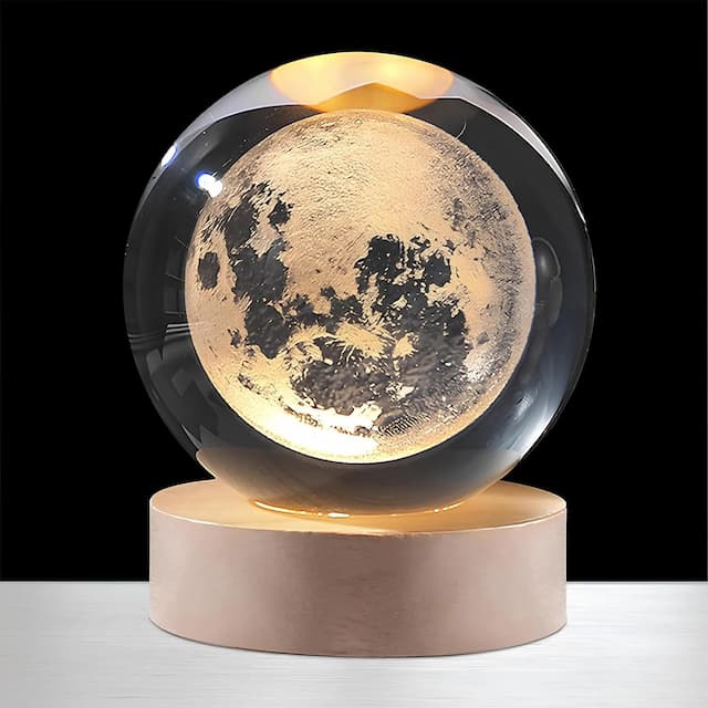 GIGAWATTS Moon Crystal Ball Lamp 3D Effect with Wooden Base LED USB Powered Rechargeable Decorative Night Table Light for Home Decor Bedroom Living Room (Pack of 1, Warm White)