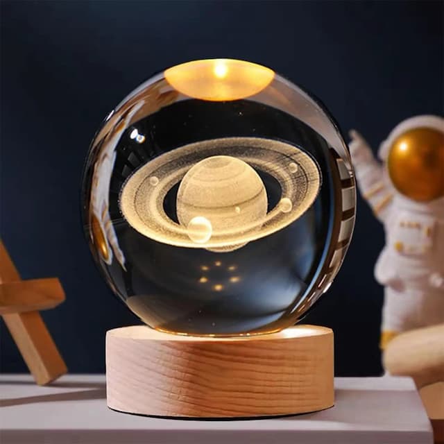 GIGAWATTS 3D Saturn Crystal Ball with USB Colourful LED & 2.4 Inch Wooden Base Home Decoration Birthday Gift Table Night Lamp for Teens Boys and Girls (Pack of 1)