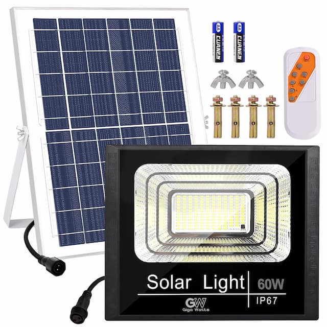 GIGAWATTS 60W Solar Flood Light with 12W Panel & Remote Control Rechargeable Cool White lights for Outdoor Indoor Garden Lawn Camping