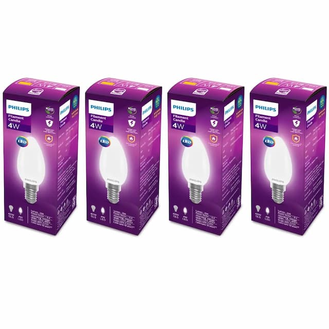 PHILIPS 4-watt Filament Candle LED Bulb | Diffused Candle Bulb For Home & Decoration | Bulb Base: E14, Cool White | Pack of 4 Filament LED Diffused 4W C35 CW E14 Pack of 4 Cool White