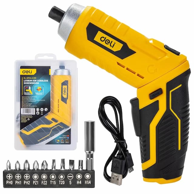 Deli DL-DP04-E2B1 3.4V 250RPM Cordless Screwdriver Set 1.5Ah Li-Ion Reversible Driver with 10-pieces Screw Bits LED Worklight 3.0N.m. Max Torque & Keyless Chuck for DIY & Home Use