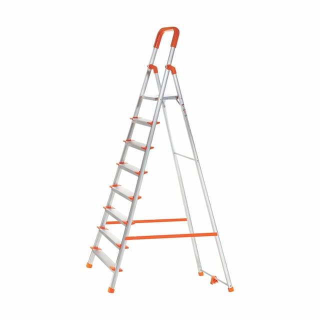 Houza 8 Step Foldable Aluminium Ladder for Home | Ladder with Anti-Slip Shoes | Slip Prevention Steps | Durable, Heavy Duty, Safe, and Stylish | Made in India (Orange)